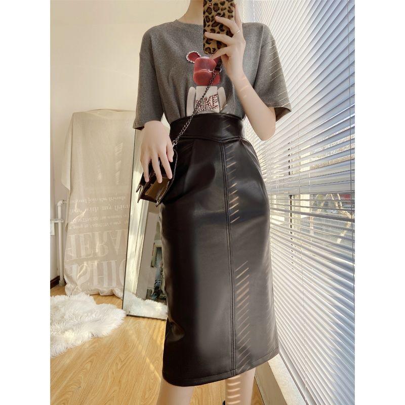 

Сексуальная женская кожаная юбка с высокой талией и разрезом на весну XXL коричневый