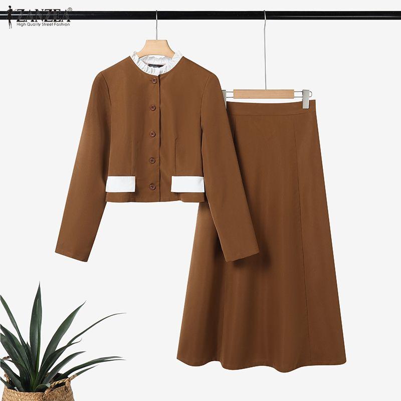ZANZEA Women Long Sleeve Blouse and Skirts Casual Two Piece Suit Sets