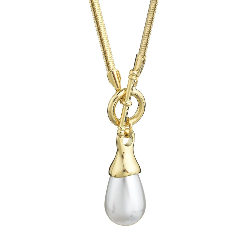 Autumn And Winter Water Drop Pearl Long Necklace Women'S Light Luxury Stacking Wearing Universal Buckle Snake Bone Chain High-End Sense Collarbone