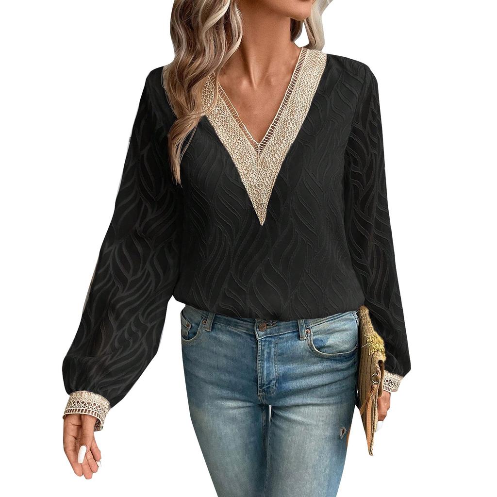 Dámský top s V-výstřihem, krajkový šifonový, módní, elegantní, s dlouhým rukávem, tričko, halenka