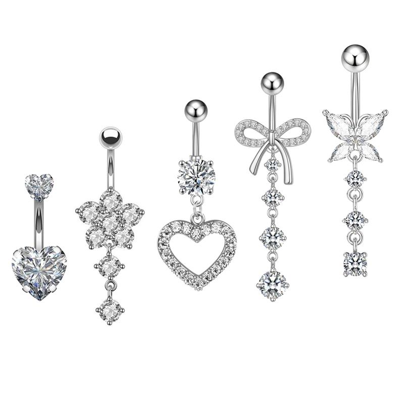 Set 5 316L Steel Bow Hollow Heart-Shaped Belly Button Rings Shiny Zircon Inlay Navel Piercing Jewelry Fashion Jewelry