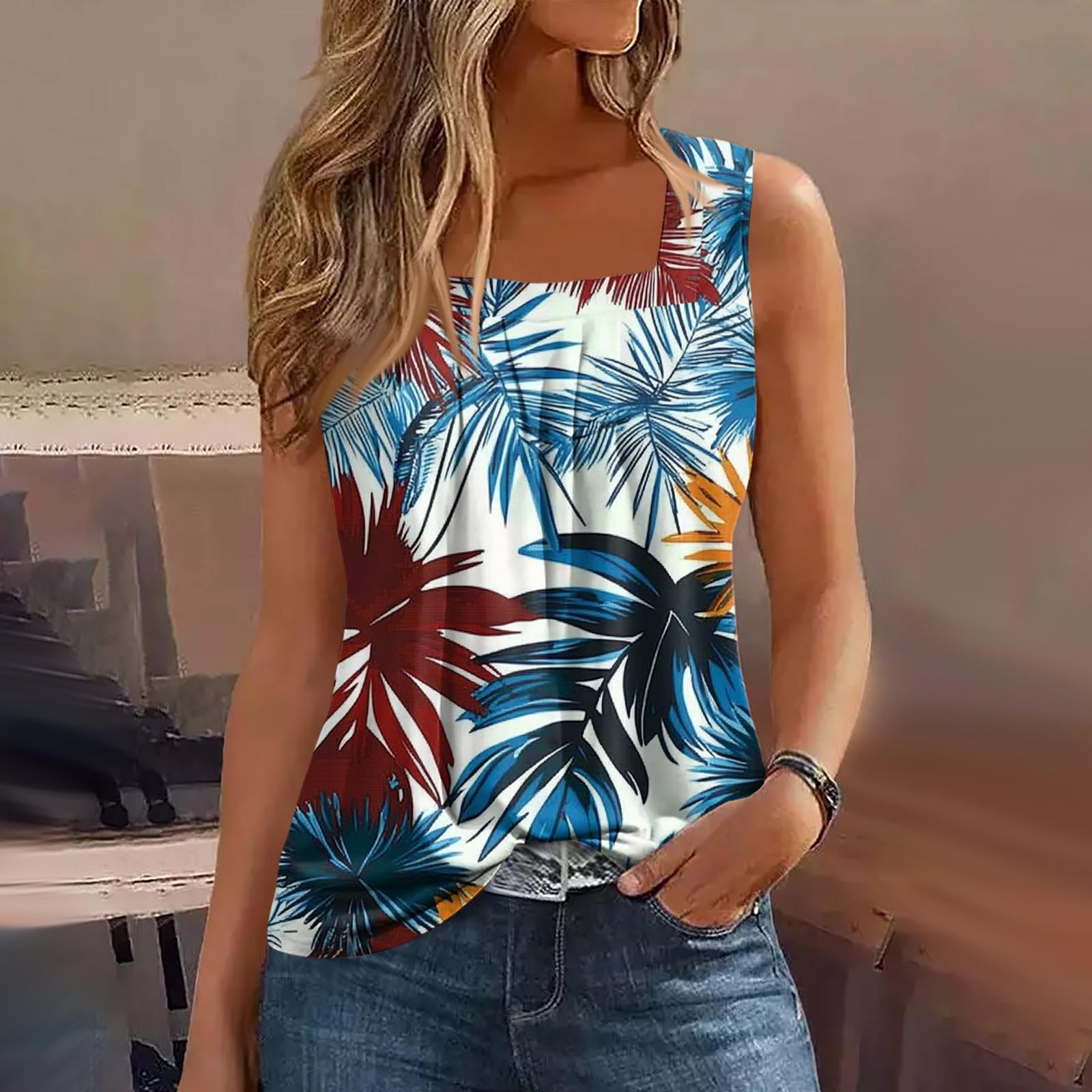 Women s Summer Casual Pleated Square Neck Sleeveless Tank Top Printed T-Shirt S