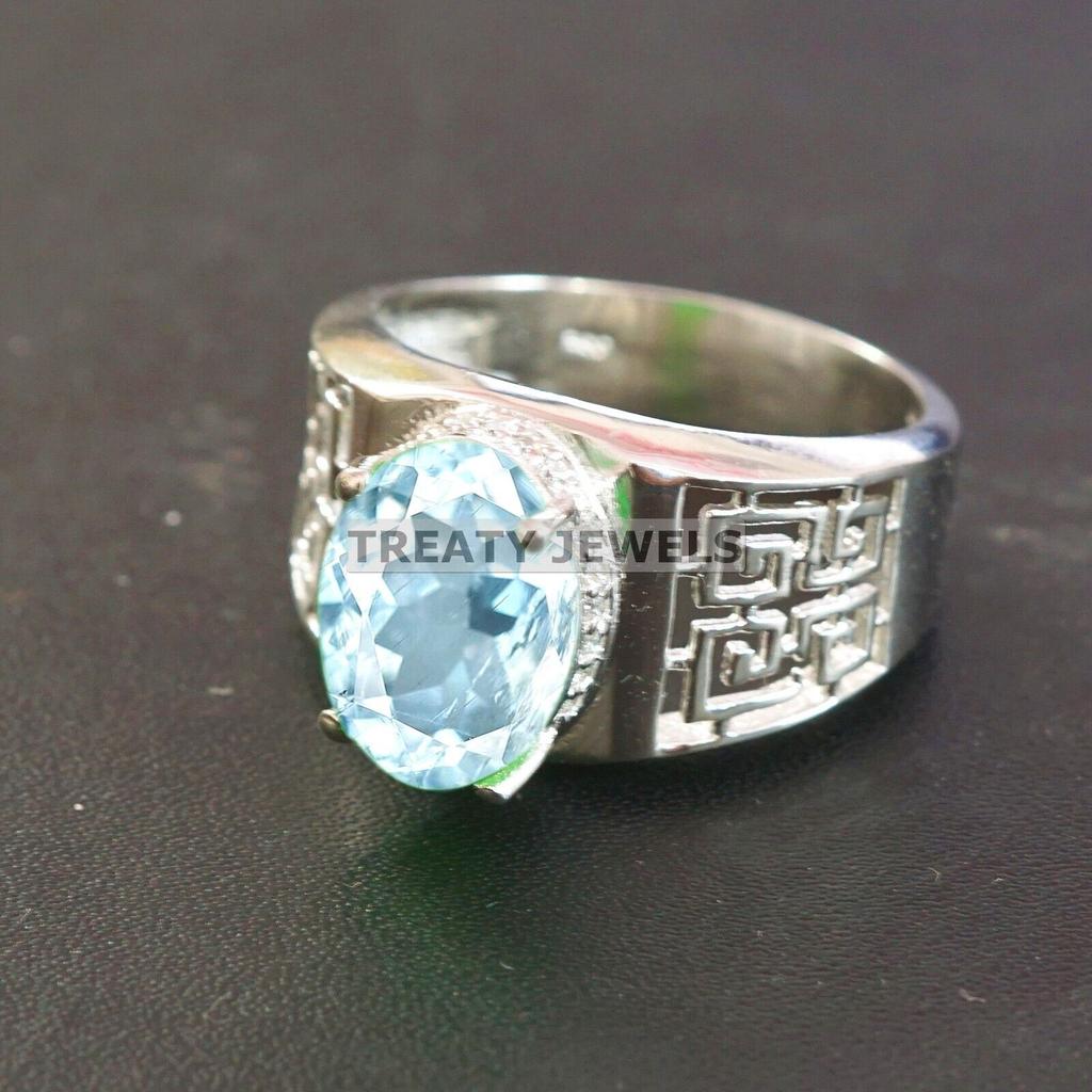 Aquamarine Oval Cut Gemstone With 925 Sterling Silver Ring For Men's #A749 JL375659079154