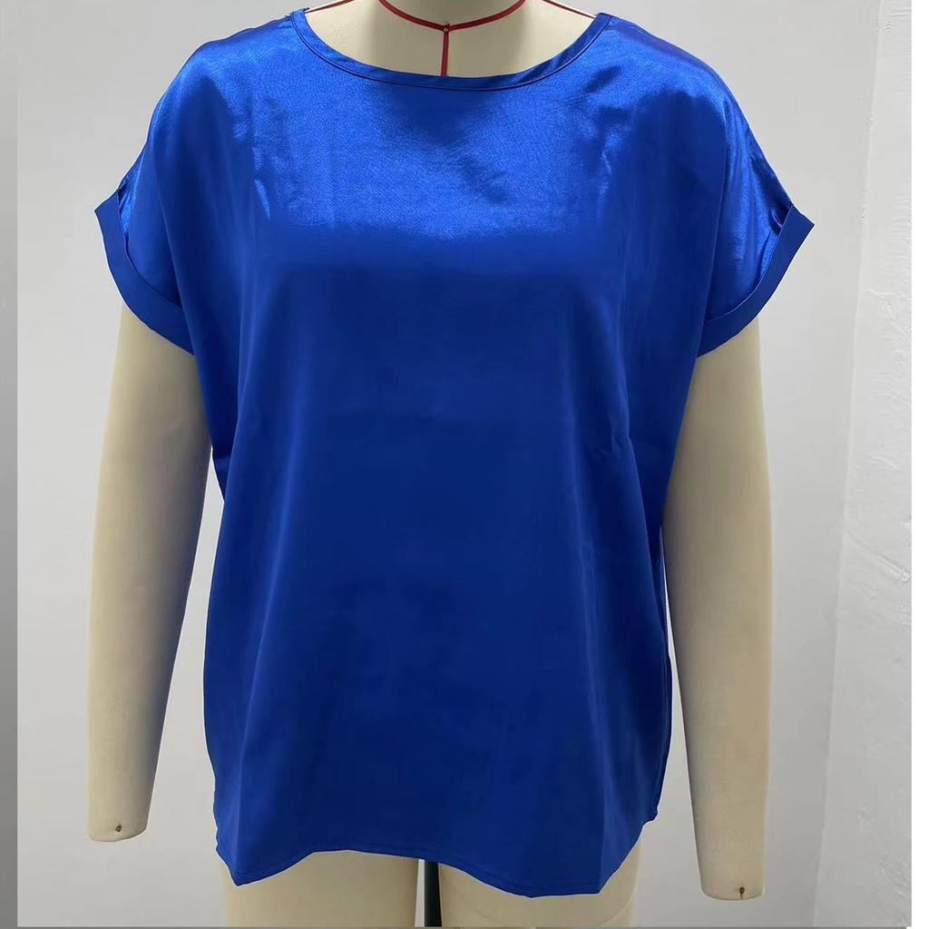 Elegantes Damenhemd Einfarbiges T-Shirt Sommer Damen Kurzarm Satinhemd Locker Lässig Rundhals T-Shirt Top S-XXL