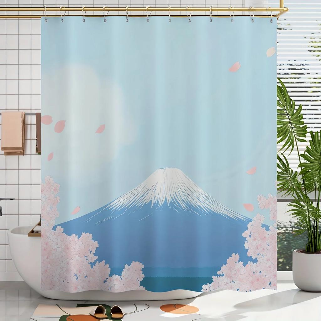 1 piece Sakura and Mount Fuji print shower curtain - soft polyester, machine washable, suitable for all seasons, with hooks