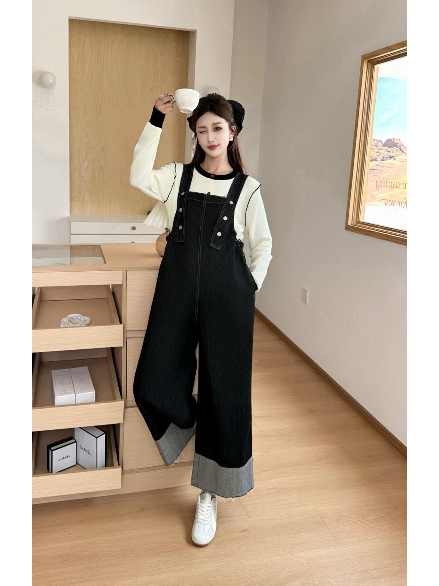 

Maternity Wide-Leg Jeans - Casual Spring & Autumn Abdomen Support Overalls for Pregnant Women M (45-60 kg) чорний/джинсовий