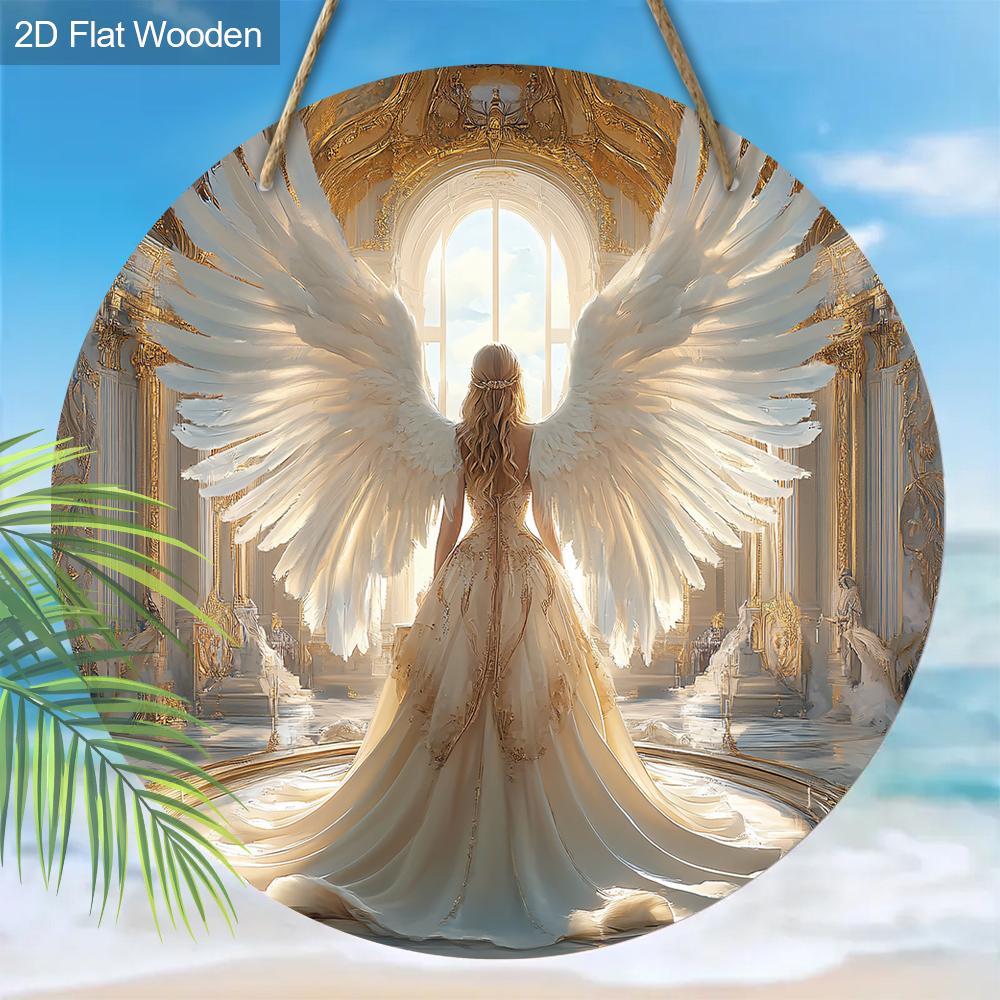 Holy Angel Wooden Sign with Gorgeous Palace Pattern - Beautiful Angel Round Artwork for Front Door Wall Home Hanging Decoration