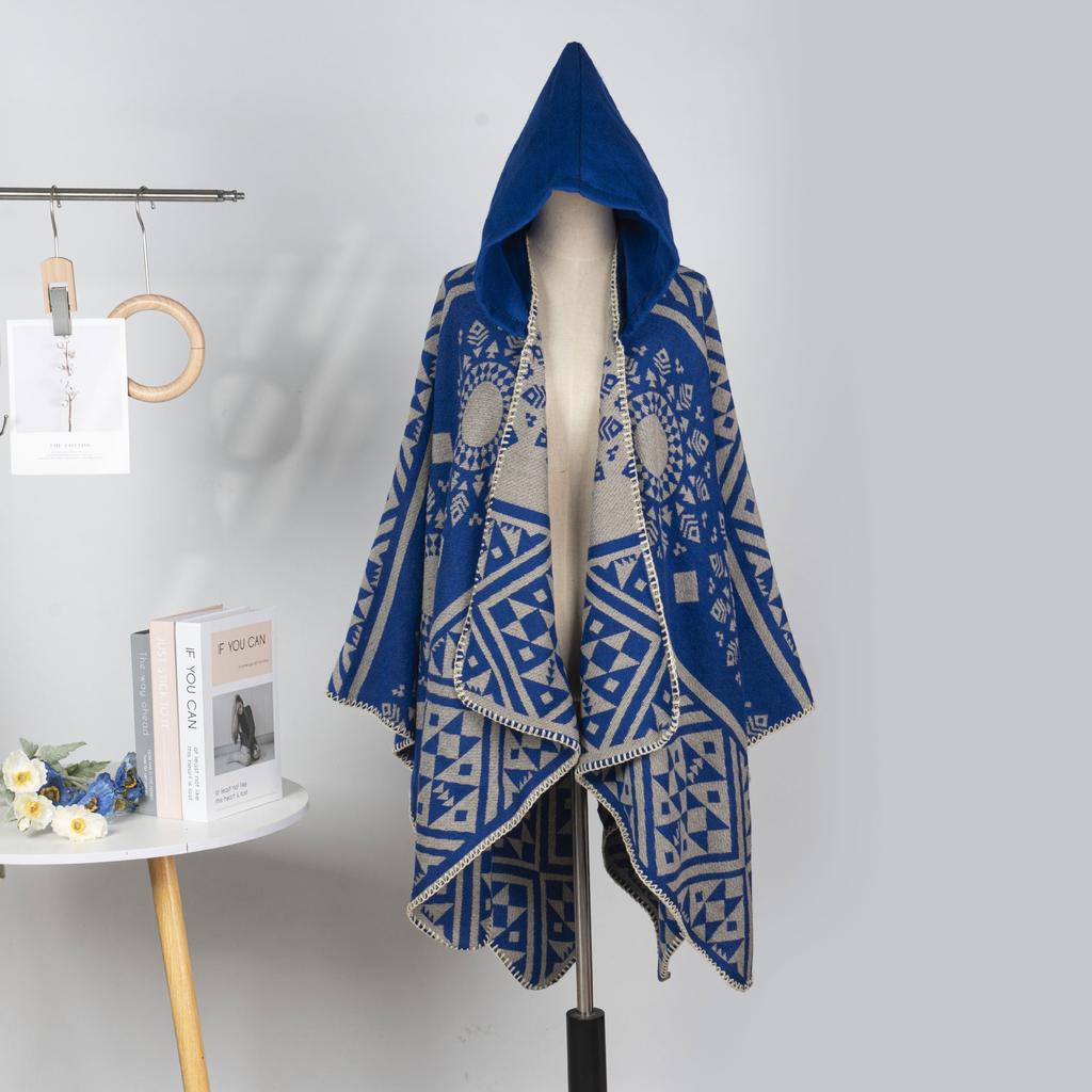 Geometric Double-Sided Knitted Cloak Blue Travel Exterior With High-End Large Cloak Women'S Air-Conditioned Room Thermal Cloak