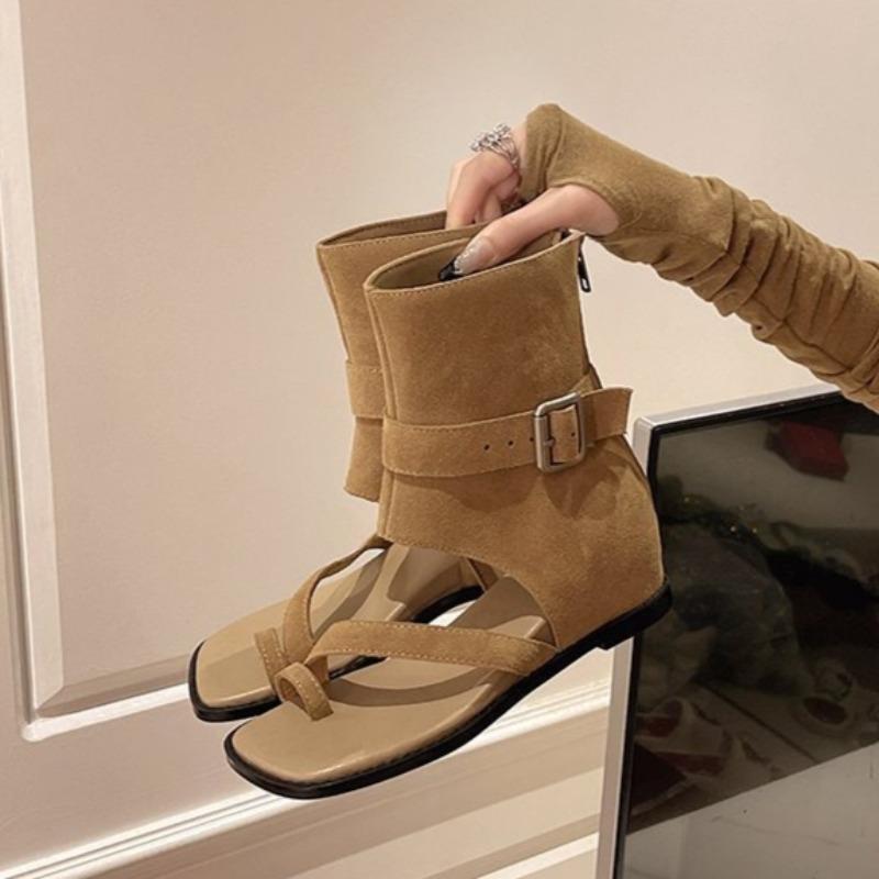 Fashion Cool Boots for Women Summer Suede Casual Ankle Boots Fashion Herringbone Toe Clip Toe Boot Retro Belt Buckle Open-toe Cool Boots