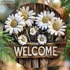 Daisy Welcome Round Wooden Hanging Sign, 2D Flat Printed Wall Door Ornament, Farmhouse Home Porch Decor Gift