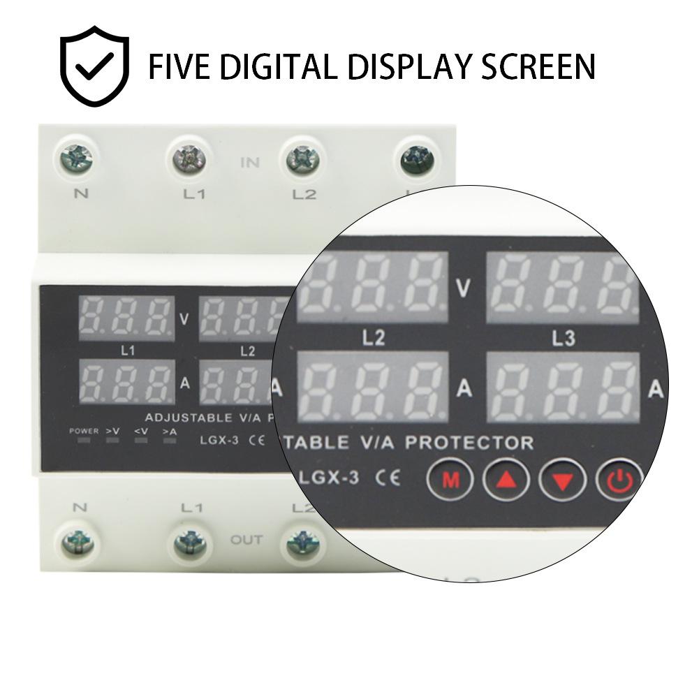 Three-Phase 63A Over/Under Voltage and Current Overload Protector with Automatic Reset