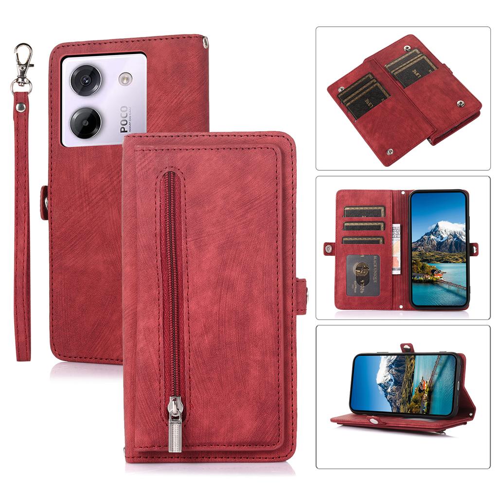 For Xiaomi Poco M7 Pro 5G Etui Glidelåslomme 9 Kortlommer PU Lær Telefondeksel med Håndleddsstropp