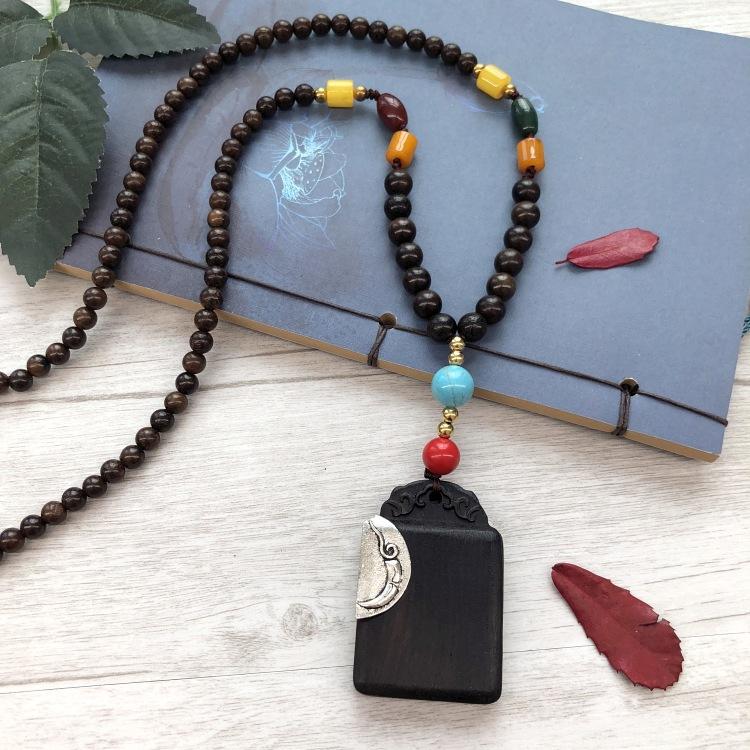 Retro Literary and Artistic Ebony Long Necklace, Men's and Women's Clothes Accessories Pendant, Versatile Sweater Chain Pendant