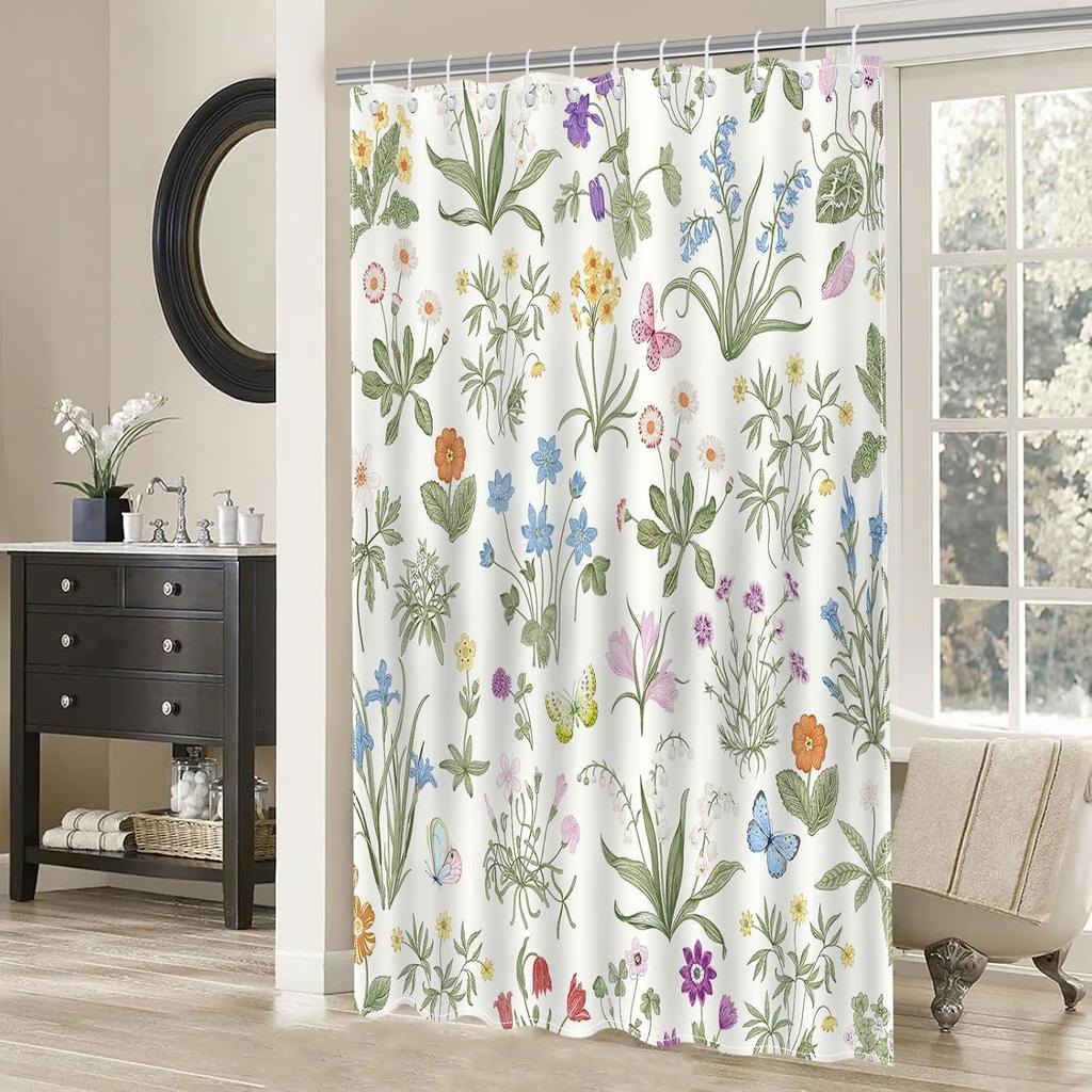 Vintage Floral Shower Curtain Retro Boho Floral Green Plant Bathroom Shower Curtain Flower Waterproof Fabric Bathtub Curtain
