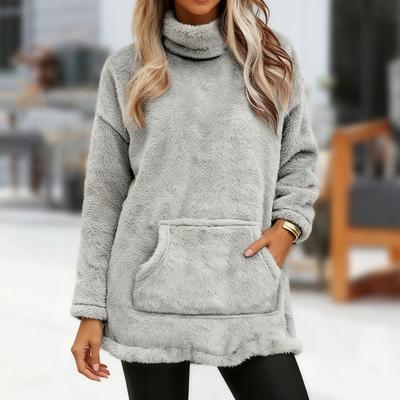 Damski sweter z golfem, miękki i wygodny, dwustronny polar, z kieszeniami, top z długim rękawem