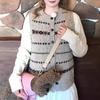 Bai Lu Grey Retro Jacquard Stripe Sleeveless Knit Cardigan Vest