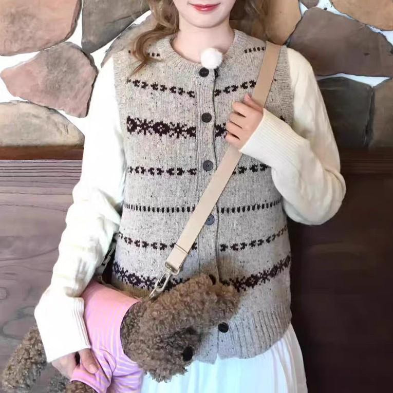 Bai Lu Grey Retro Jacquard Stripe Sleeveless Knit Cardigan Vest
