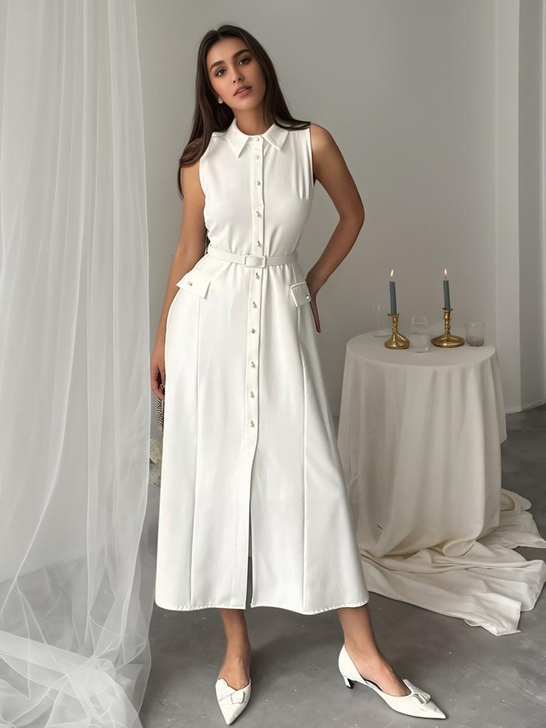 Summer and Autumn European and American New Solid Color Sleeveless Belt Pearl Buckle Slim Split Commuter Dress