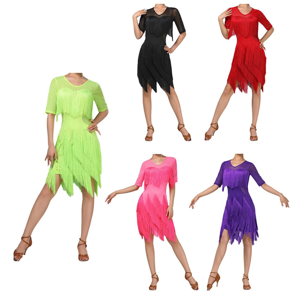 Ladies Glittery Rhinestone Tassel Dress Mesh Patchwork Short Sleeve Irregular Hem Fringe Latin Tango Chacha Dance Dress