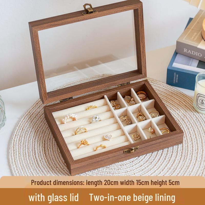 High-End Walnut Wood Grain Flip-Top Jewelry Box – Dustproof, Anti-Oxidation Ring Display