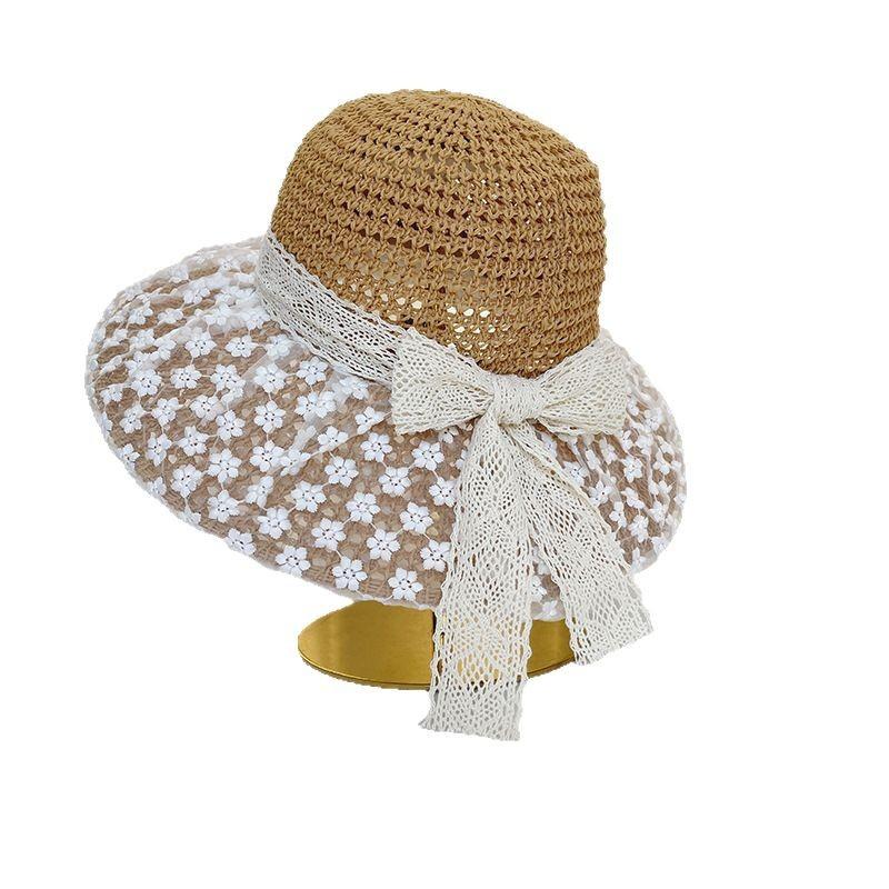Lightweight Breathable Sunshade Cap with Lace Details Trendy Summer Accessory Hollow Out Straw Hat Wide Brim Sun Protection Hat