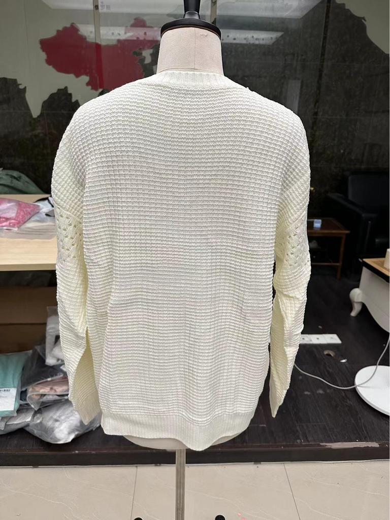 Auf Lager: Europäisch-amerikanischer Stil Einfarbig Jacquard Lochmuster Gespleißt Rundhals Elegant Damen Wollpullover 2022