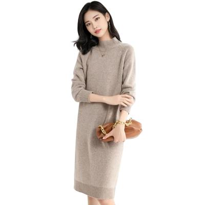 J-Scott Women's Knit Dress, Knee-Length, Long Sleeves, Solid Color, Mock Neck, Ribbed I-Line, Simple, Soft, Beige, JS22-BG-S