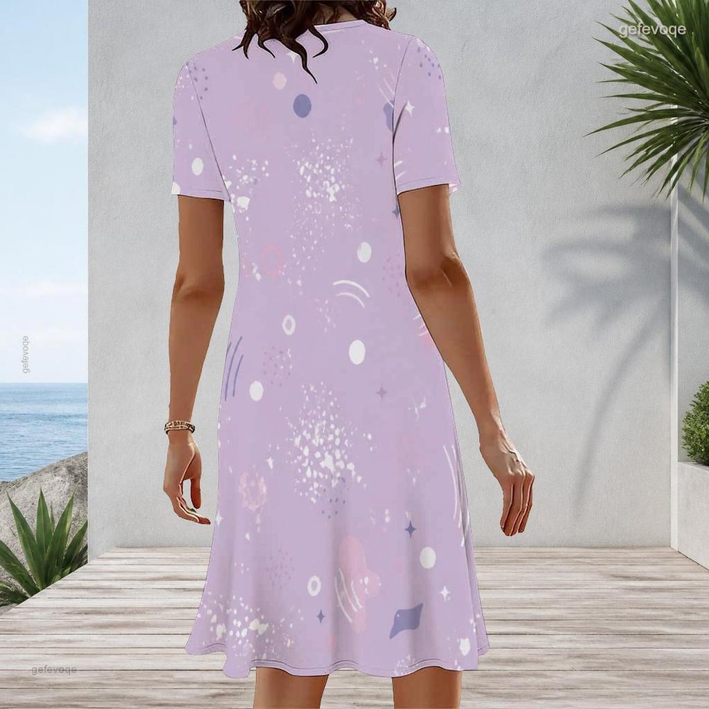 Women Plus Size Round Neck Short Sleeve Dark Purple Halloween Printed A Line Dress