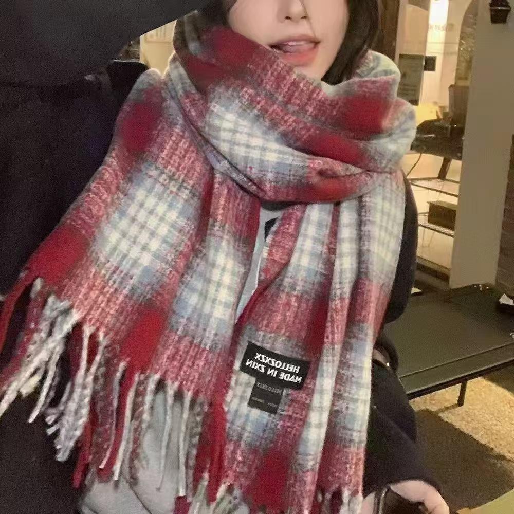 Korean Style Plaid Mohair Scarf - Women's Winter Imitation Cashmere Shawl