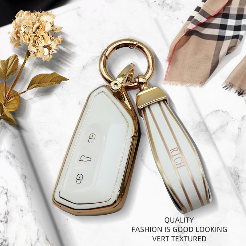 Luxurious Golden Edge Remote Key Case Full Cover For Volkswagen VW Golf 8 Mk8 For Skoda Octavia A8 For Seat Leon Car