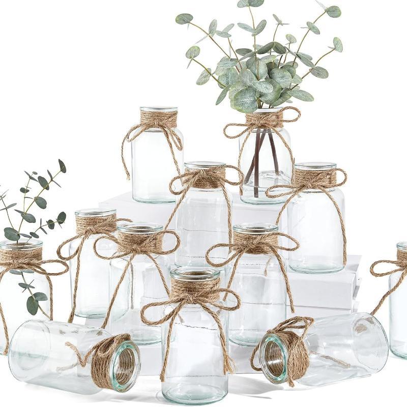 Vaso in Vetro Trasparente con Corda di Juta Naturale Fioriera Rustica in Stile Fattoria per Fiori Freschi, Bouquet Secchi Ornamenti Decorativi per la Casa Boho