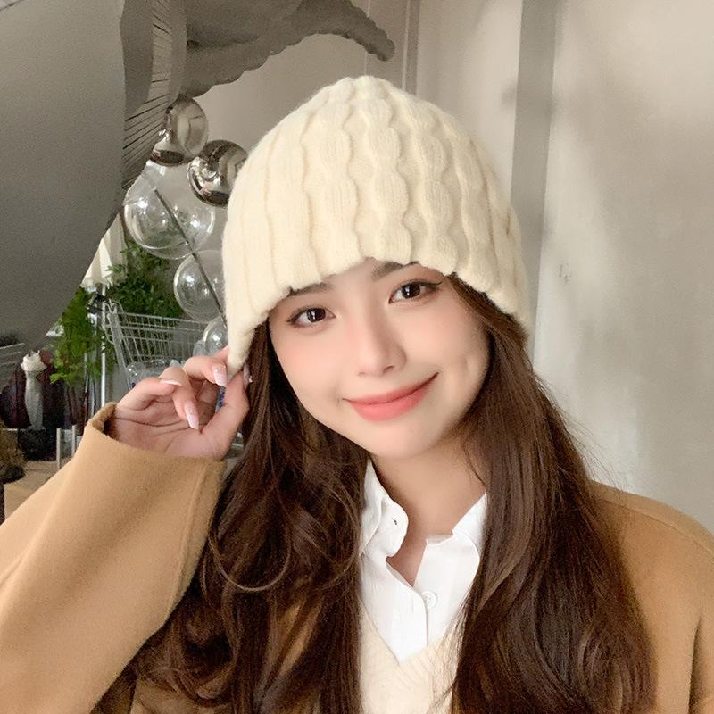 Women's Autumn and Winter Fashion Ins Thickened Warm Face Small Bucket Hat White Knitted Ear Basin Hat