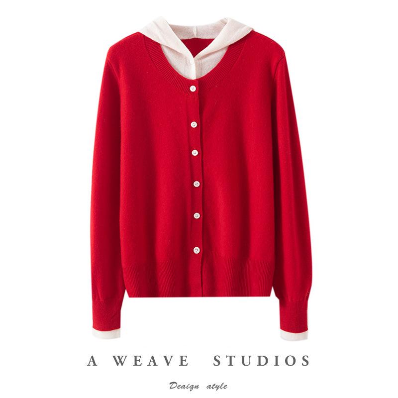 Women's 100% Pure Wool Color Block Cardigan Hoodie - Loose Knit Button-Up Sweater Coat