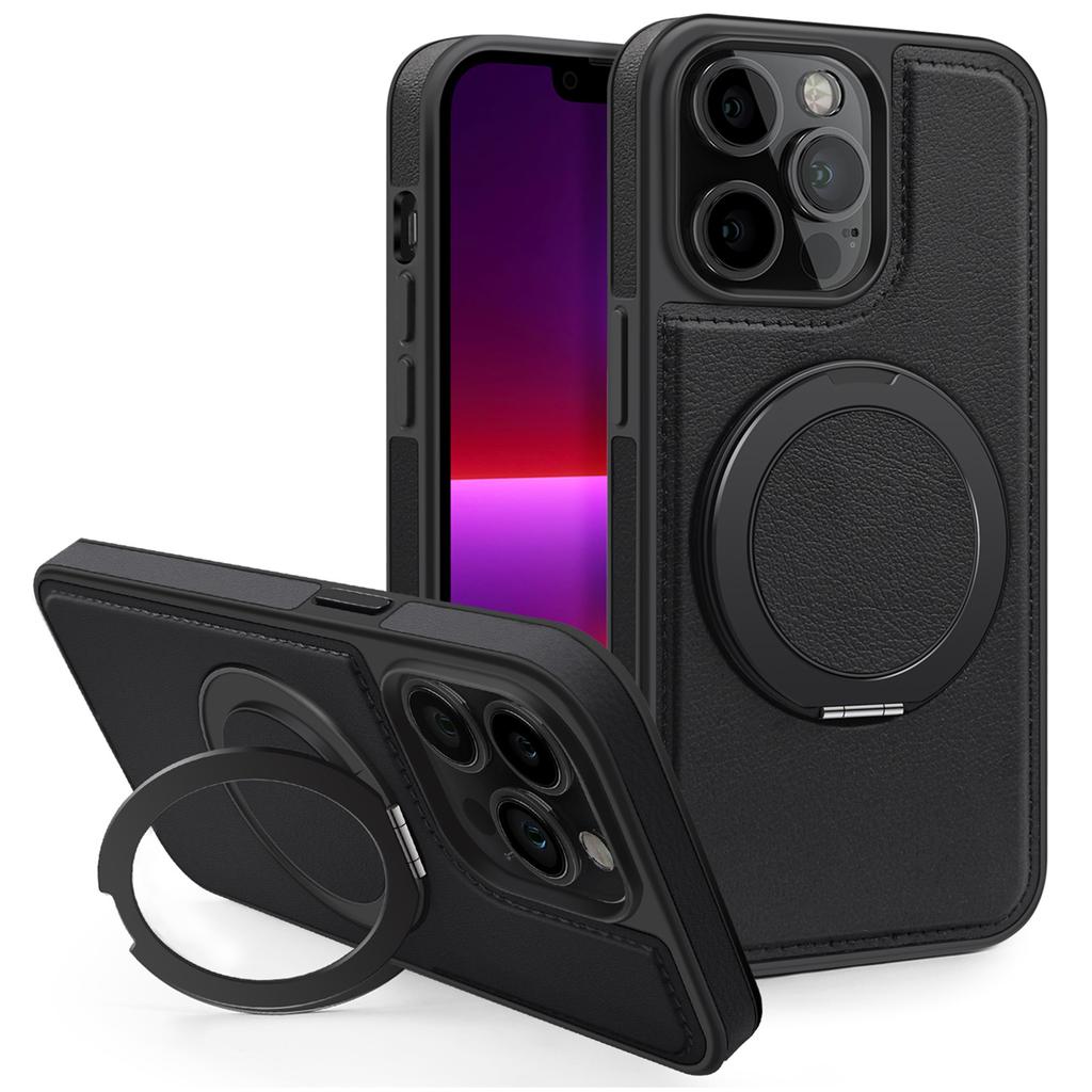 For iPhone 13 Pro Case with Ring Kickstand Compatible with MagSafe PU Leather Back Cover