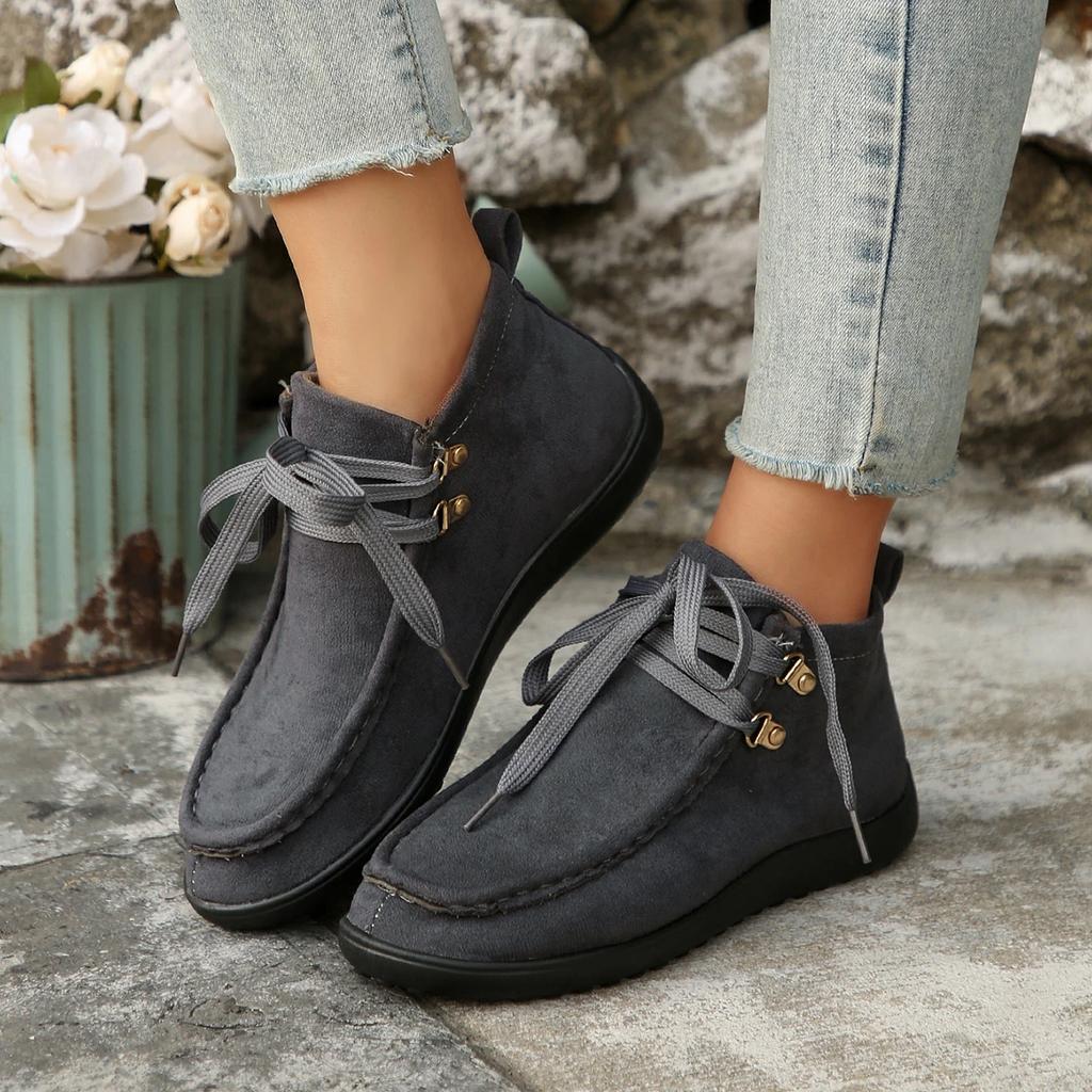 Fashion Fall Women's Fashion Flats Single Ankle Boots Autumn New Round Head Suede Front Lace-up Soft Sole Non-slip Walking Shoes Sneaker