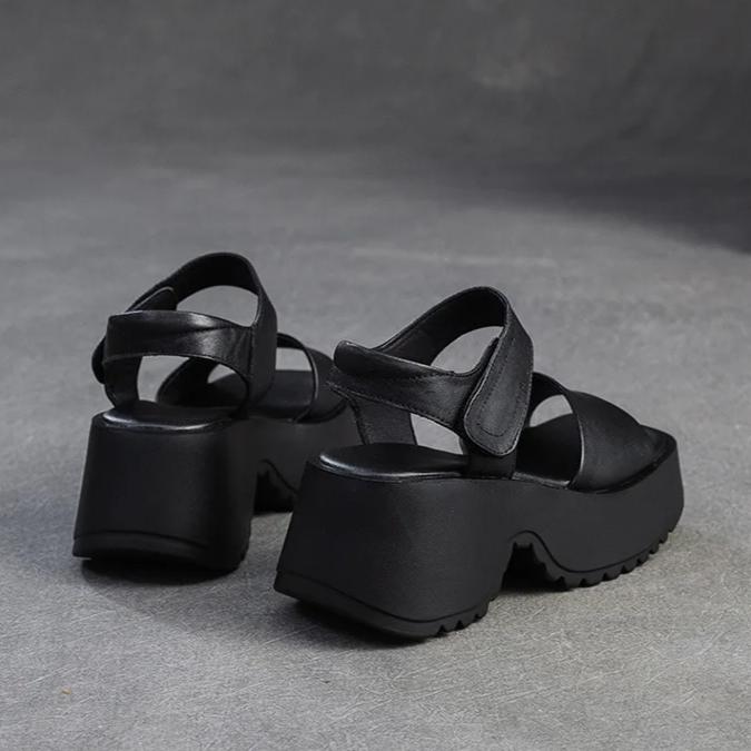 Johnature Retro Sandály s otevřenou špičkou a čtvercovou špičkou na silné podrážce, z pravé kůže, pohodlné dámské platformové boty