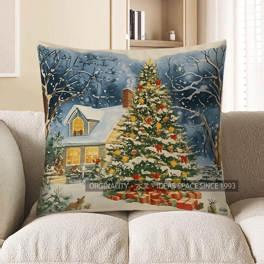Home Decor Christmas Cottage And Snowman Throw Pillow Pattern Cushion Cover Suitable For Sofa Bedroom Car Pillow Cover