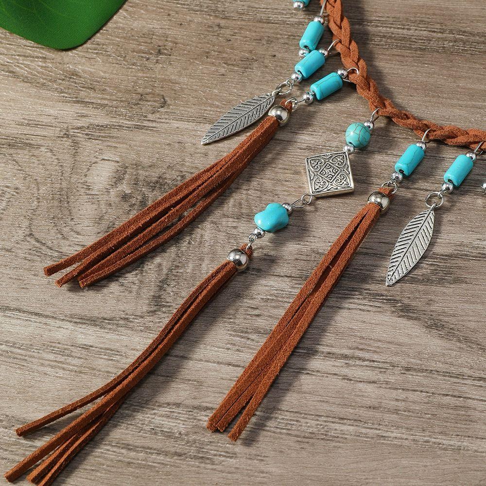 Retro Turquoise Stone Necklace Ethnic Style Bohemian Necklace Trendy Leaf Tassel Choker  Women
