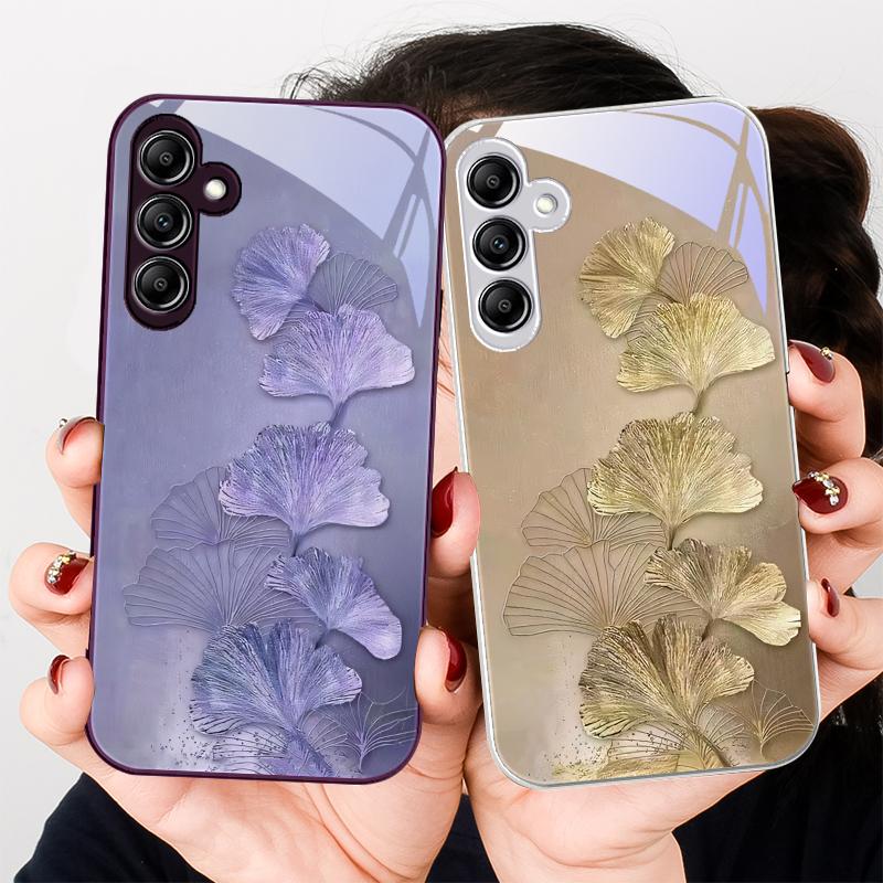 Goldene Ginkgo-Blätter für Samsung Galaxy A01 A02 A03 Core A04 A14 4G A13 54 34 31 20 25 23 22 5G S21 Ultra S20 Glas-Handyhülle