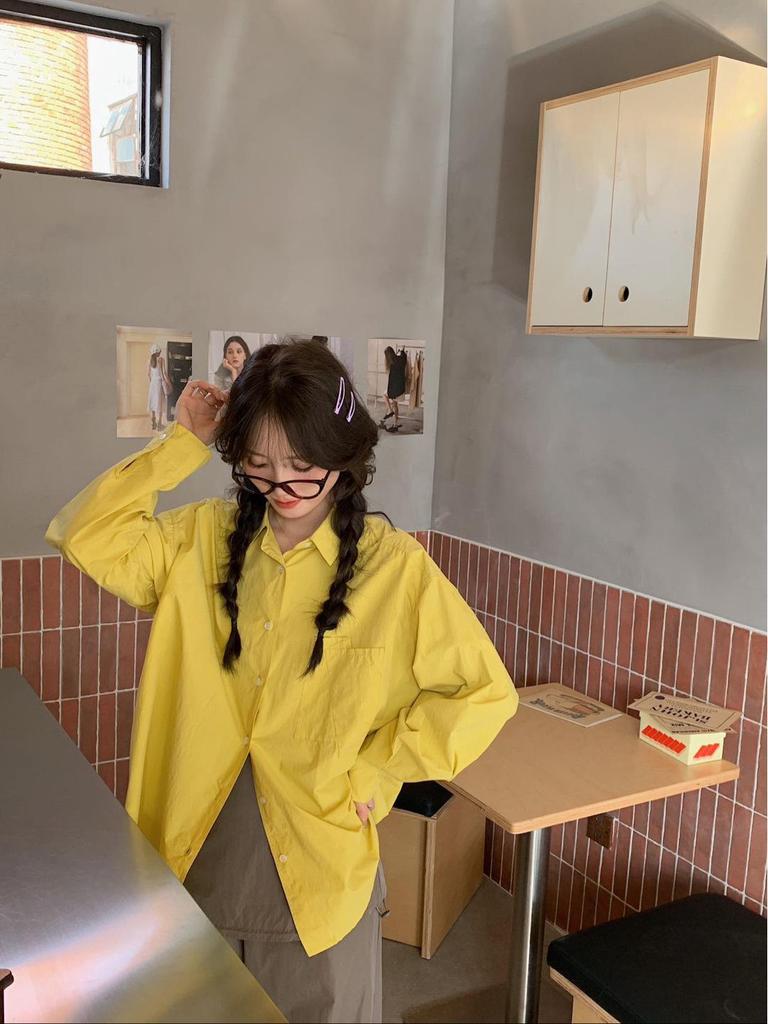 Spring Oversized Korean Style Solid Color Loose Long Sleeve Shirt for Women