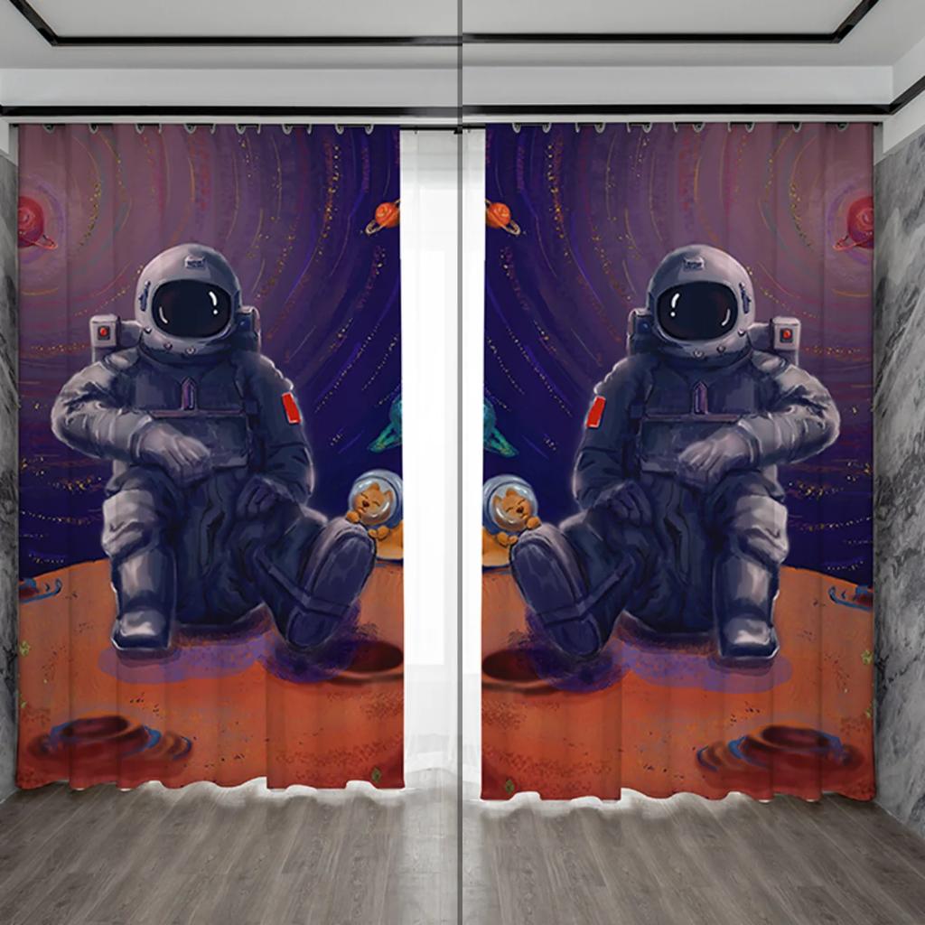 Creative Ins Style High Shading Curtain Astronaut Science Technology Sense Starry Sky Space Boy Game Bedroom Blackout Drape 2PCS