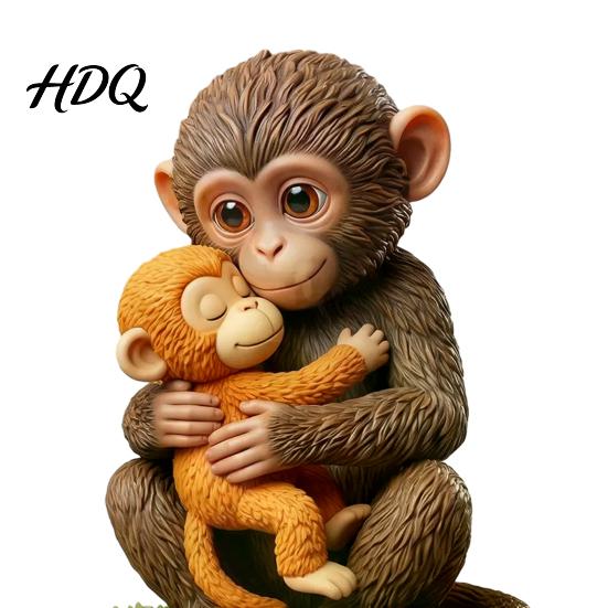 Decorative Monkey Statue Cute Figurine Small Baby Holding Plush Toy Animal Table Centerpiece Desktop Ornament for Living Room Bedroom Office