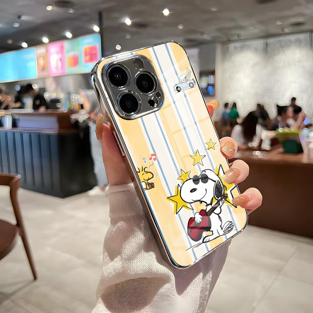 Cute Cartoon S-SnoopyS Phone Case For IPhone 17 Pro Max 15 Pro 16 14 Plus 12 13 Mini 11 Pro Shockproof Electroplated Glass Cove