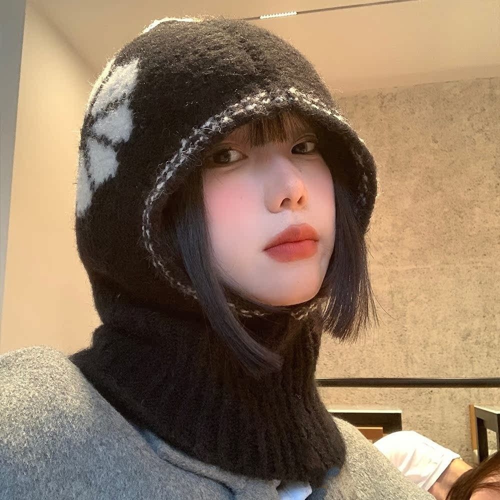 Neck Guard Flower Balaclava Hat Windproof Knitted Pullover Hat Ear Protection Hat Female/Girls