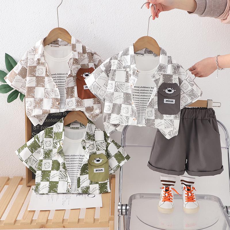 

Boys Summer 2025 Plaid Short Sleeve Shirt & Shorts 3-Piece Set 120cm серый