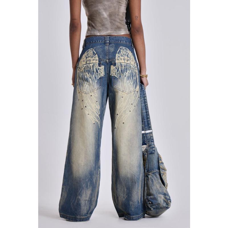 Women's New Washed and Aged Gradient Wing Print Retro Loose Wide Leg Jeans Sub