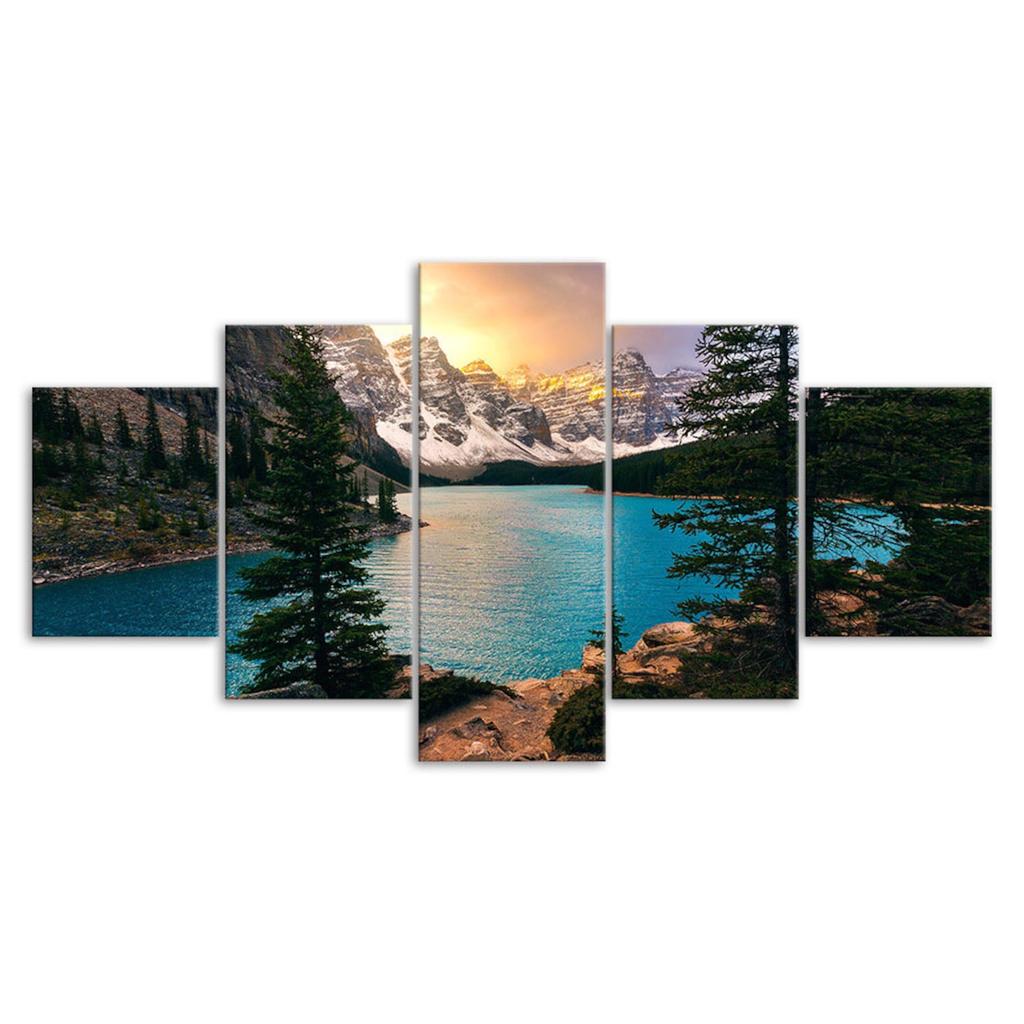 Mountains Lake National Park Canvas 5 Piece Five Panel Wall Print Modern Art Poster Picture Home Decor Gift For Him For Her