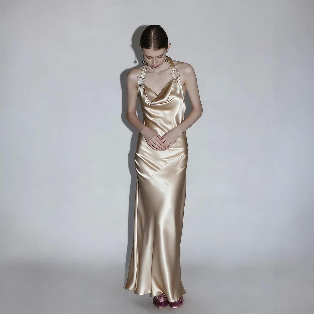 Elegant Acetate Halter Neck Dress with Crystal Buckle