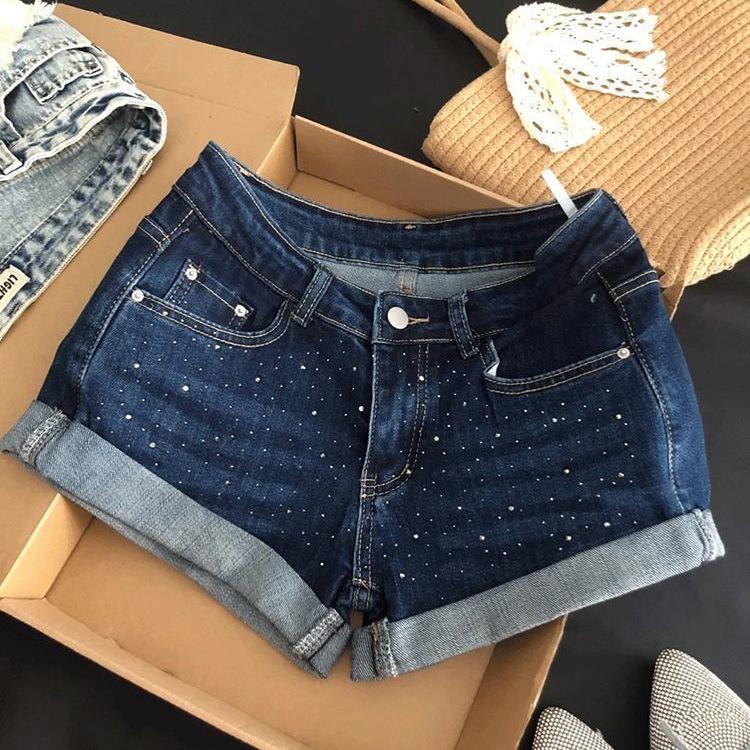 Women's Dark Blue Rhinestone Denim Low-Waist A-Line Bodycon Hot Pants