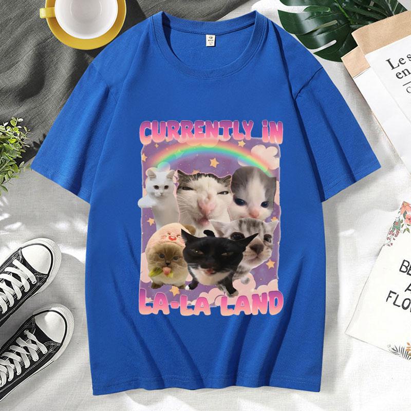 Currently in LaLa Land Funny Cat Meme T Shirt Stupid Gifts Unhinged Tshirt Gift for Women Goofy Cats Tee Shirts Short Sleeve